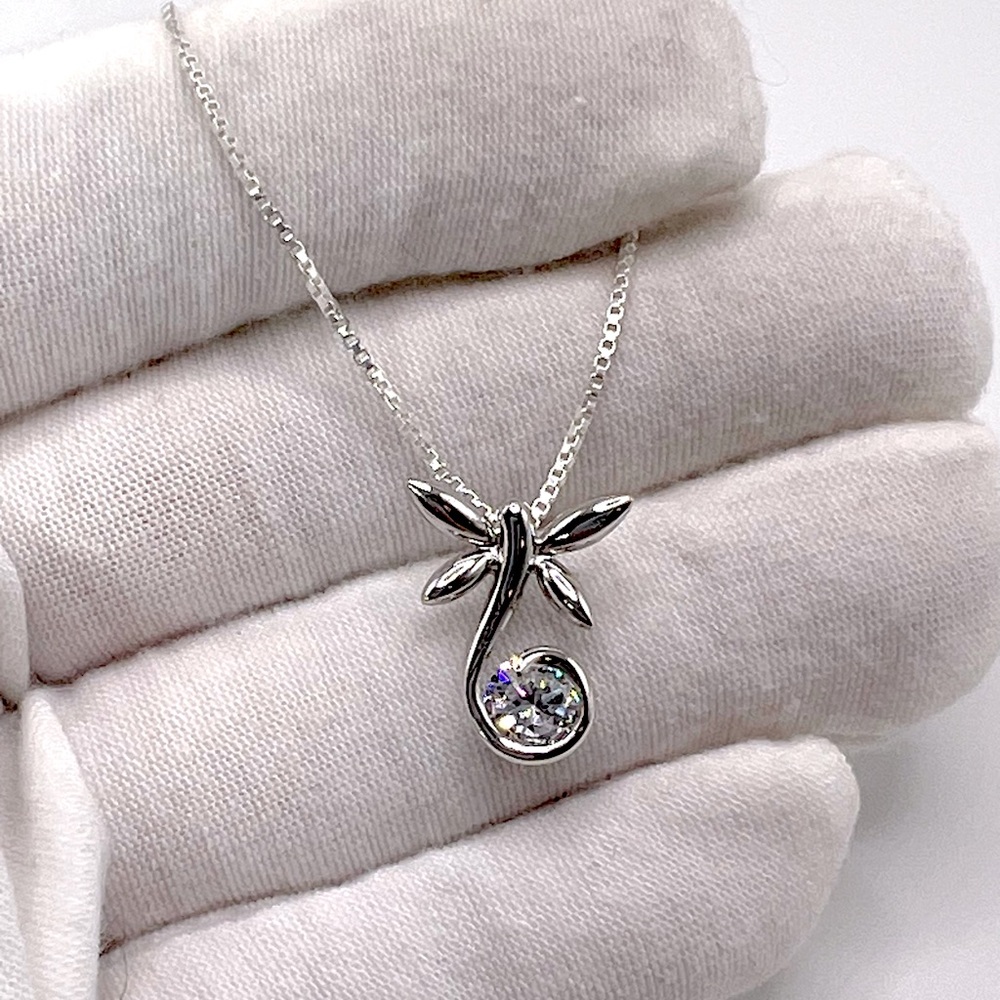 .925 Sterling Silver Dragonfly Necklace with Round Cz